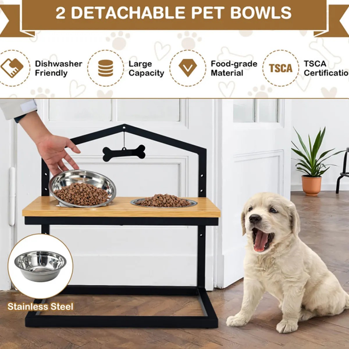 The Green Pet Shop (Cool Care Technologies) Adjustable Raised Pet Feeder with Stainless Steel Bowls