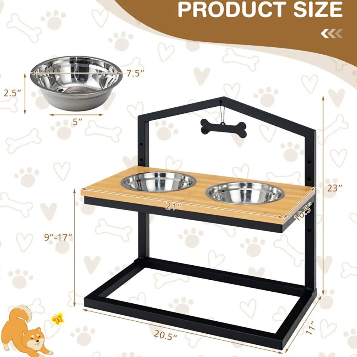 The Green Pet Shop (Cool Care Technologies) Adjustable Raised Pet Feeder with Stainless Steel Bowls