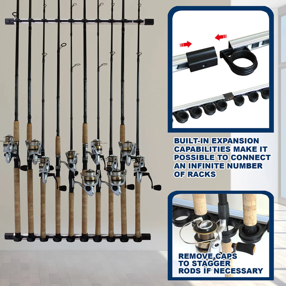 ReelSonar Inc All Weather Aluminum 10 Fishing Rod Wall or Ceiling Rack