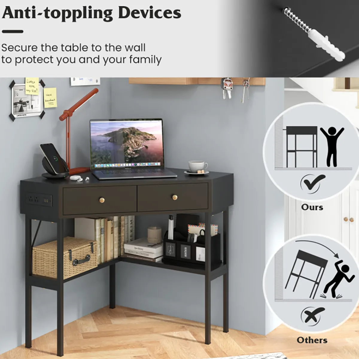 GoPlus (Costway) Corner Desk with Built-In Charging Station
