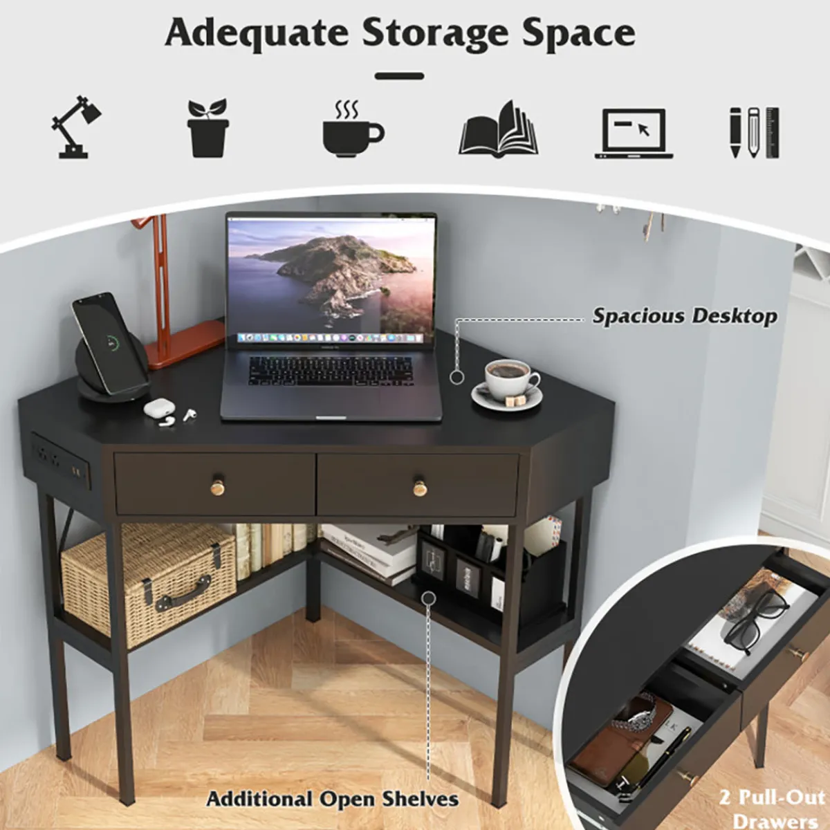 GoPlus (Costway) Corner Desk with Built-In Charging Station
