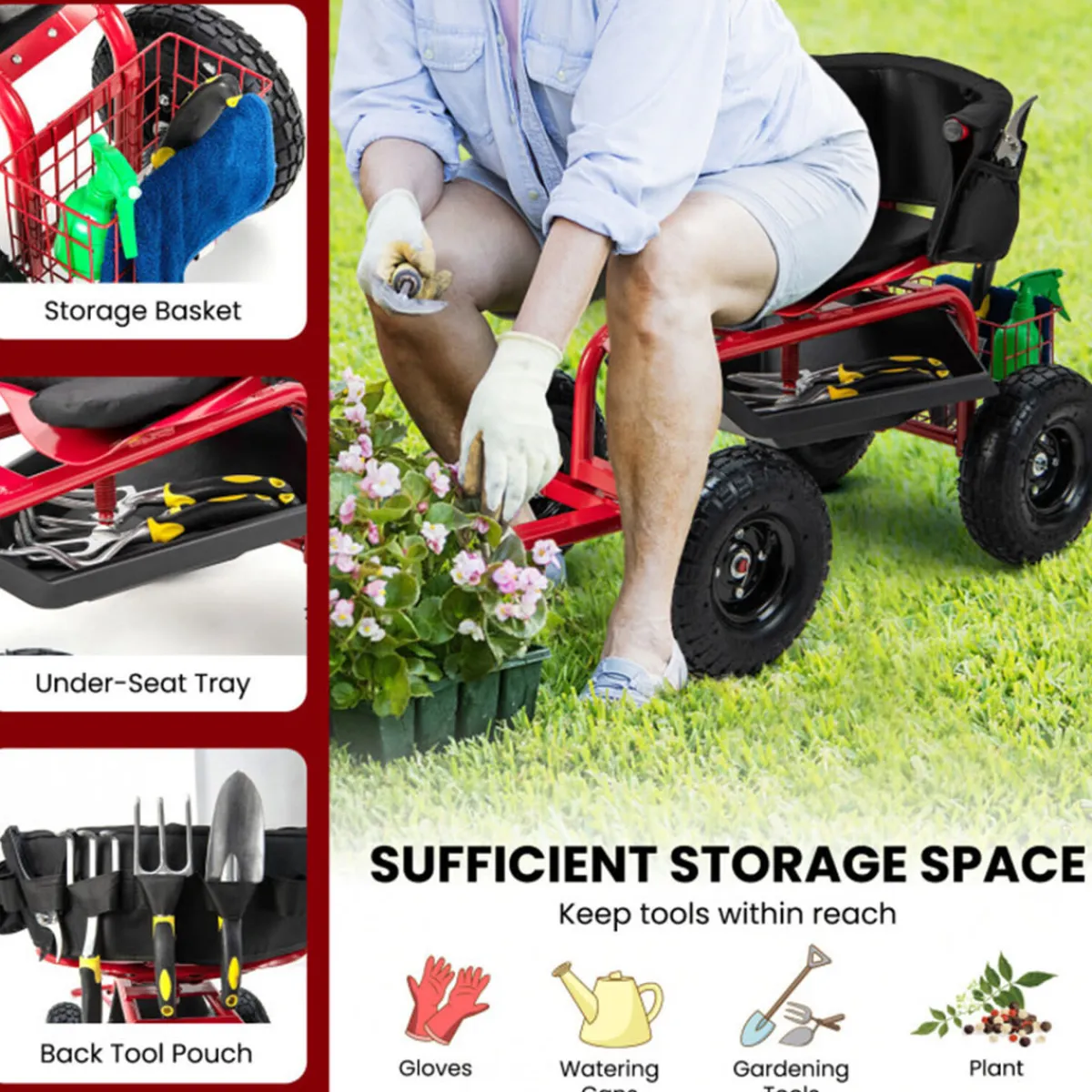 GoPlus (Costway) Cushioned Rolling Garden Cart with Swivel Seat