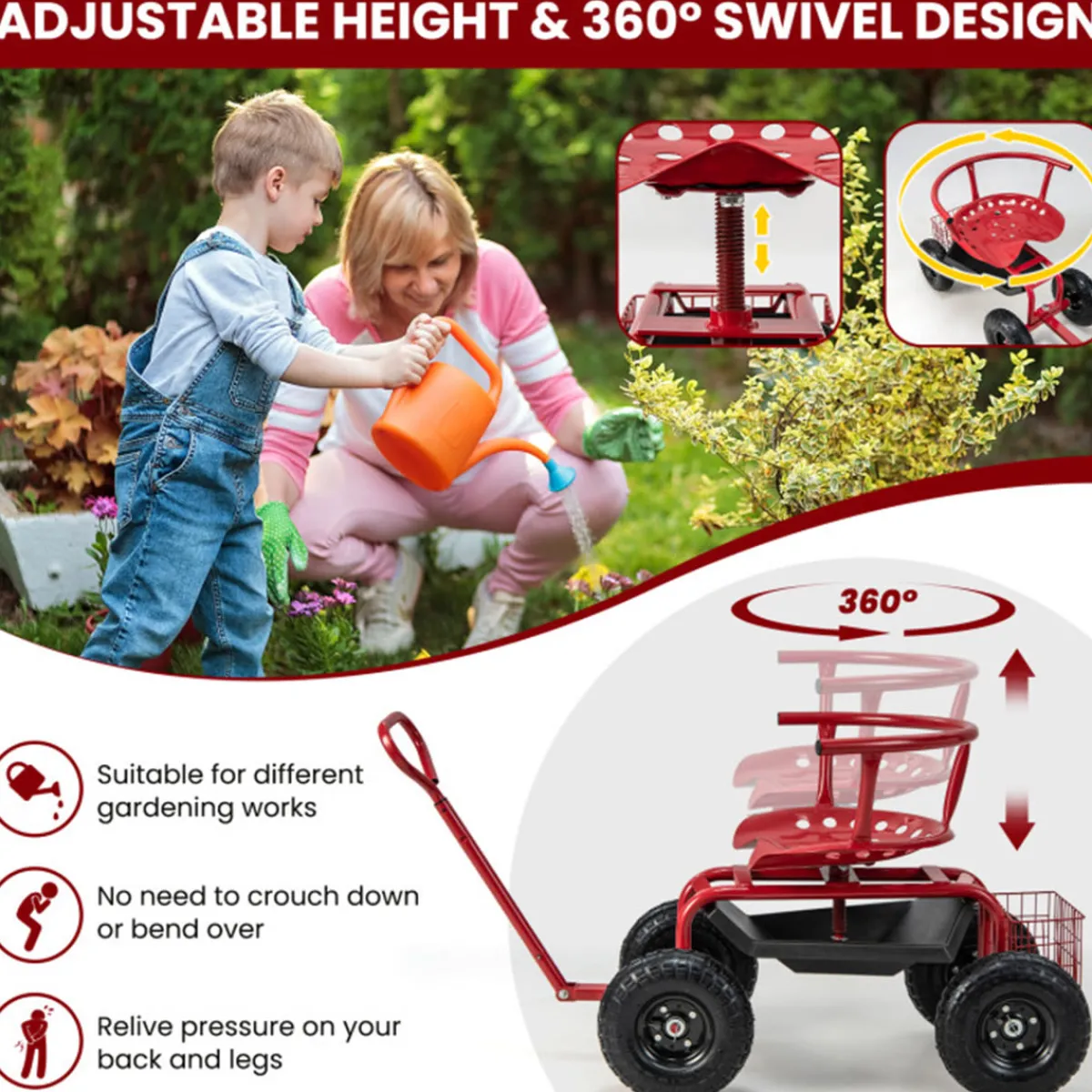 GoPlus (Costway) Cushioned Rolling Garden Cart with Swivel Seat