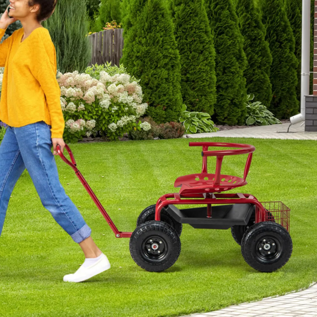 GoPlus (Costway) Cushioned Rolling Garden Cart with Swivel Seat
