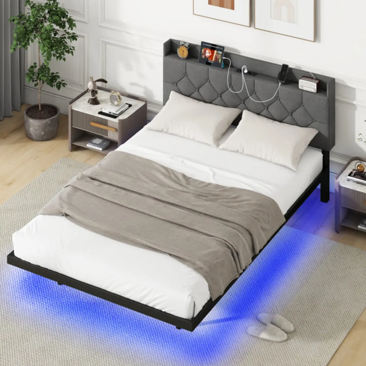 GoPlus (Costway) Floating LED Bed Frame with Charging Station