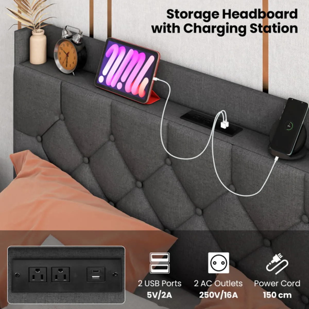 GoPlus (Costway) Floating LED Bed Frame with Charging Station