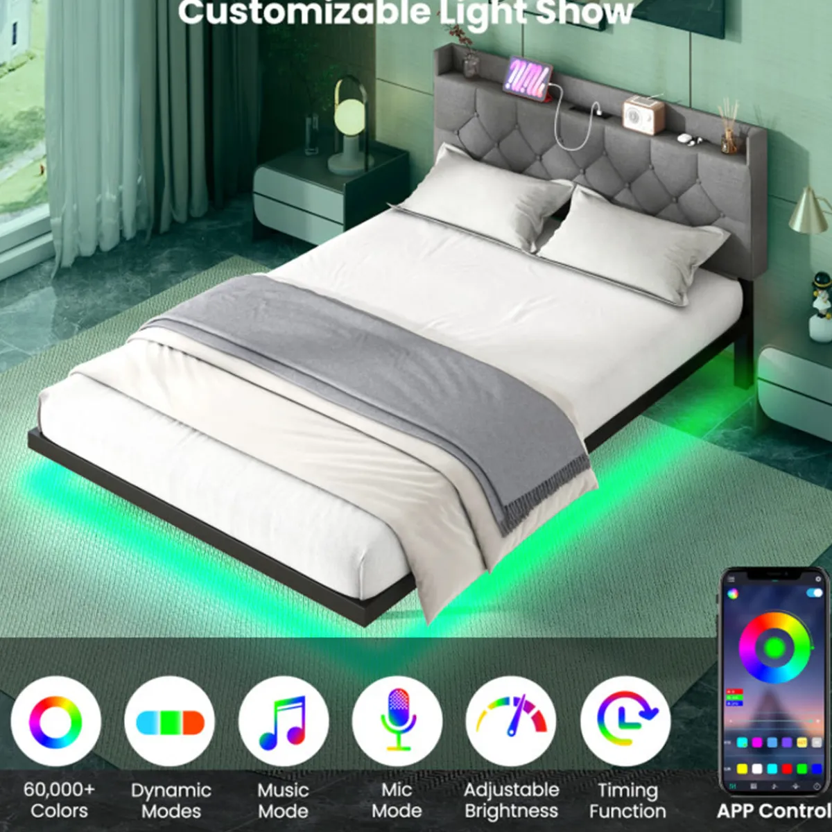GoPlus (Costway) Floating LED Bed Frame with Charging Station