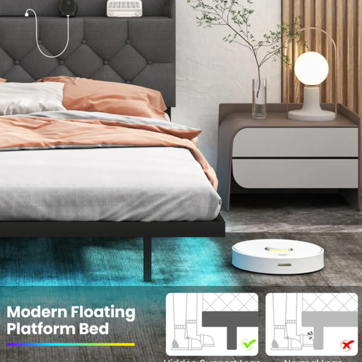 GoPlus (Costway) Floating LED Bed Frame with Charging Station