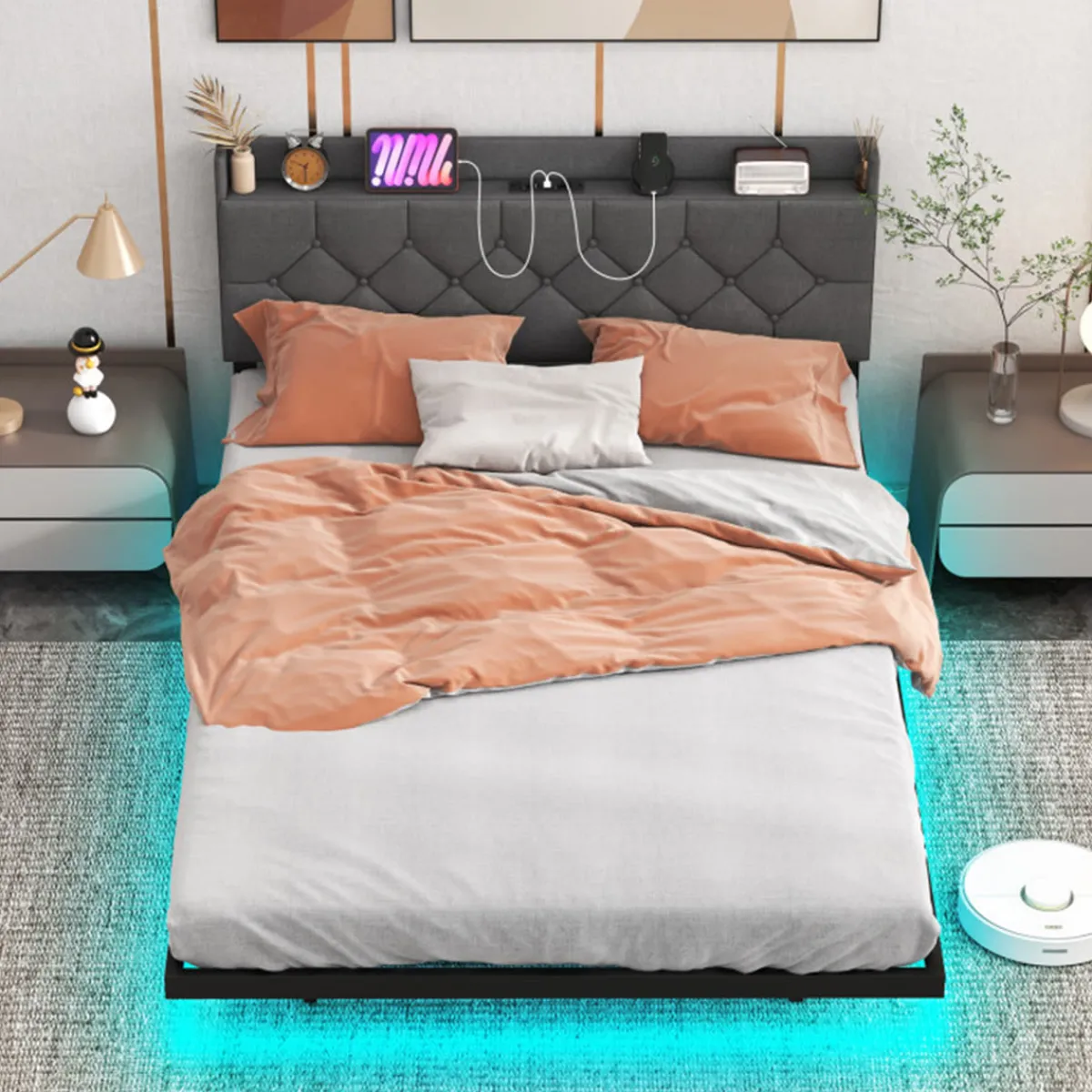 GoPlus (Costway) Floating LED Bed Frame with Charging Station