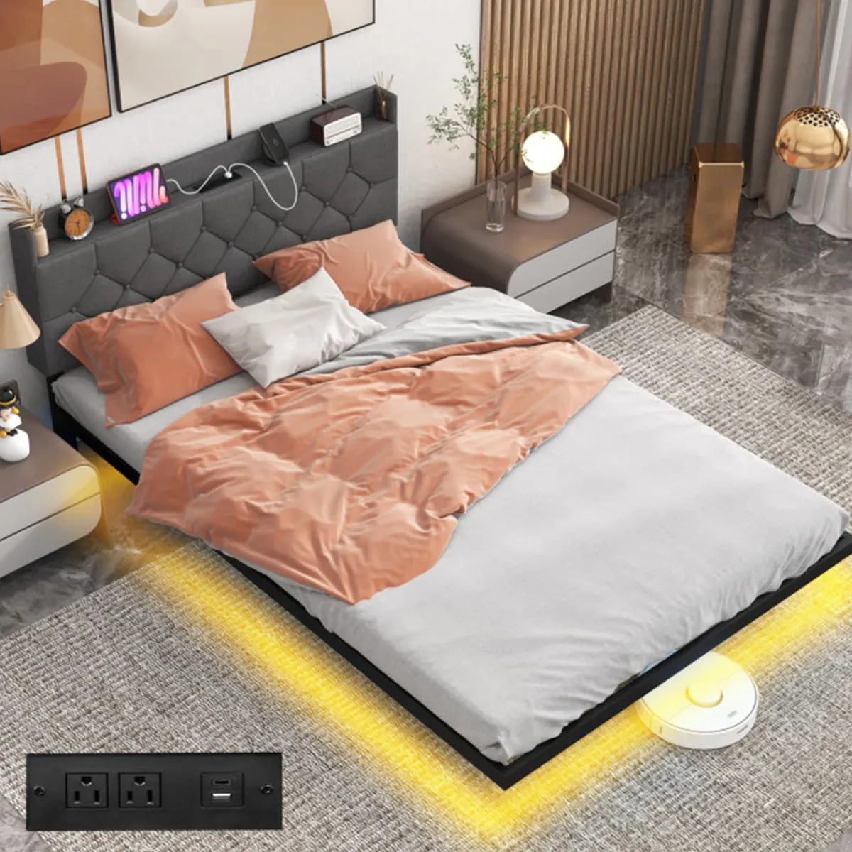 GoPlus (Costway) Floating LED Bed Frame with Charging Station