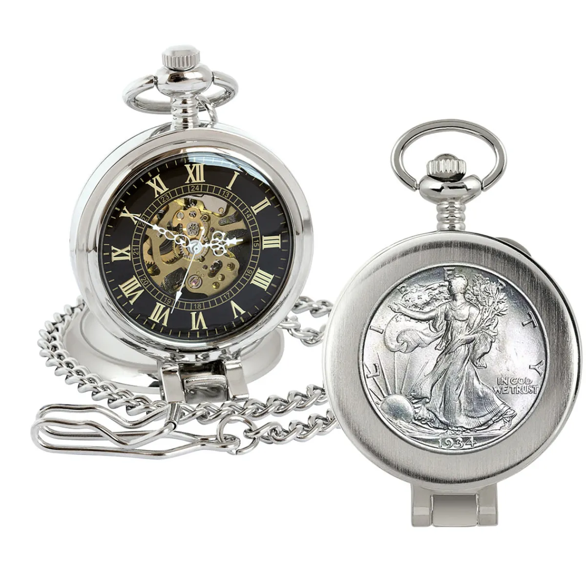 UPM Global LLC Glass Dome Silver Walking Liberty Half Dollar Pocket Watch