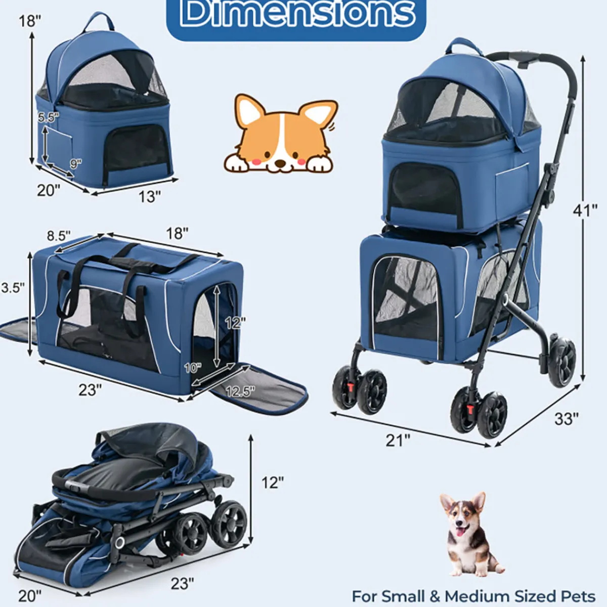 Malabi Design LTD 3-in-1 Foldable Double Pet Stroller with Detachable Carriers