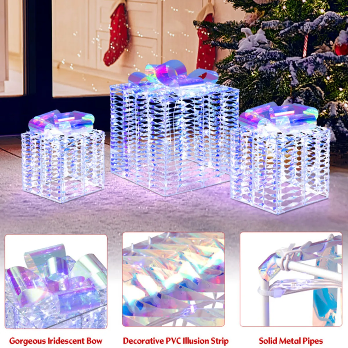 GoPlus (Costway) Iridescent Pre-Lit Christmas Gift Box Decoration (Set of 3)