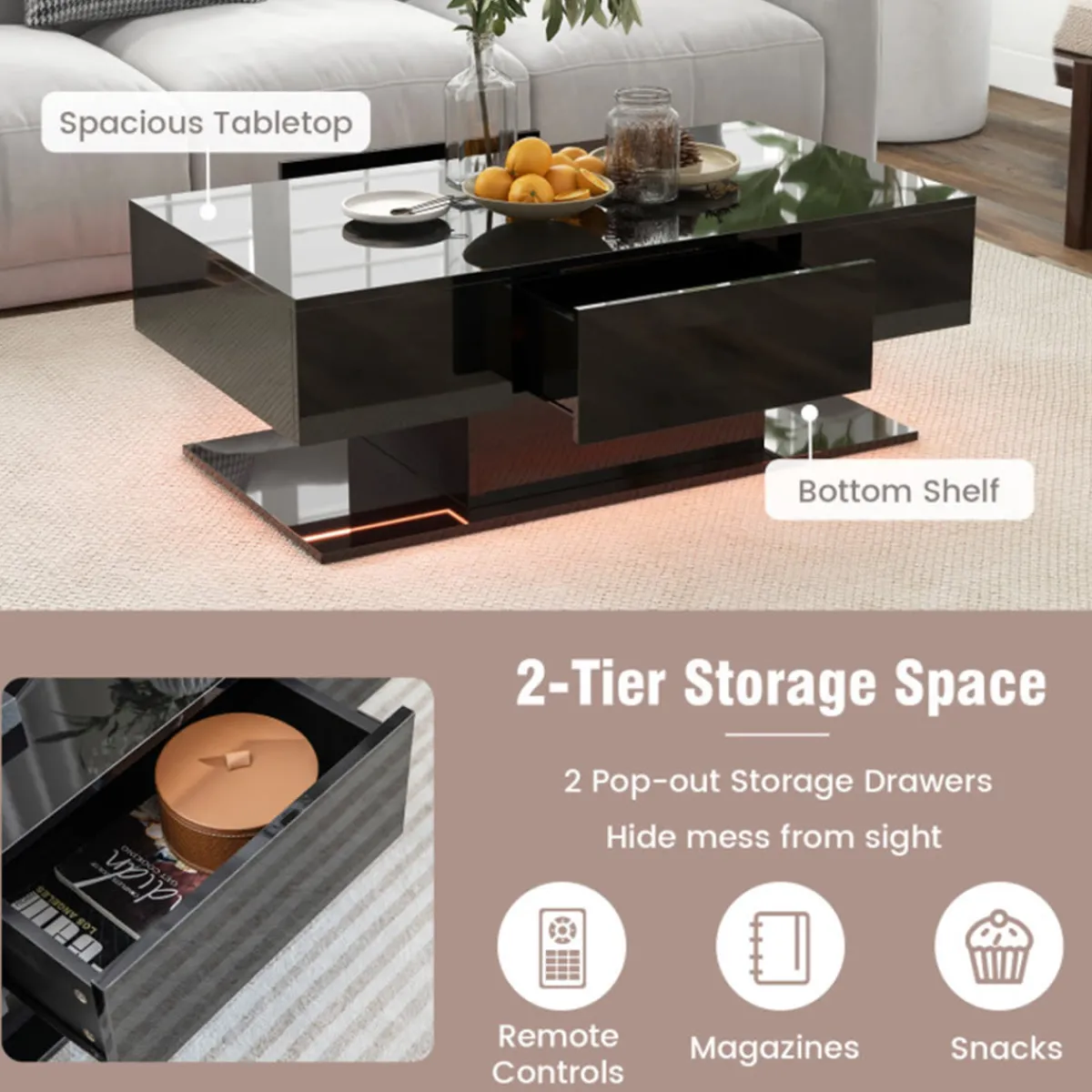 GoPlus (Costway) LED Coffee Table with Storage Drawers