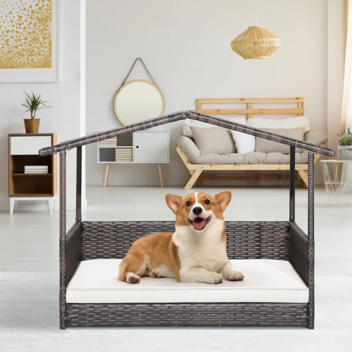 GoPlus (Costway) Outdoor Wicker Dog House with Weatherproof Roof