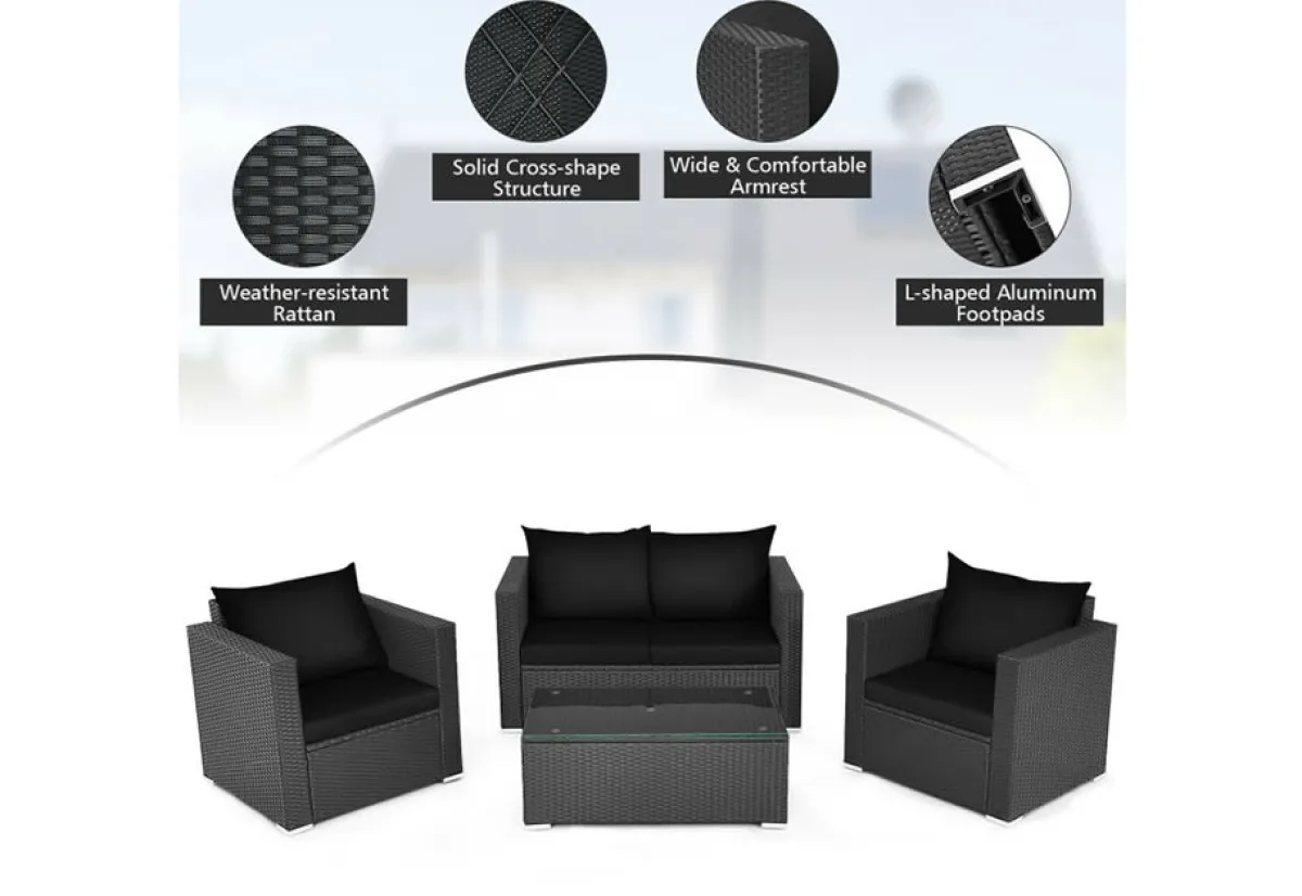 Reflection International Inc 4-Piece Rattan Conversation Patio Set with Padded Cushion