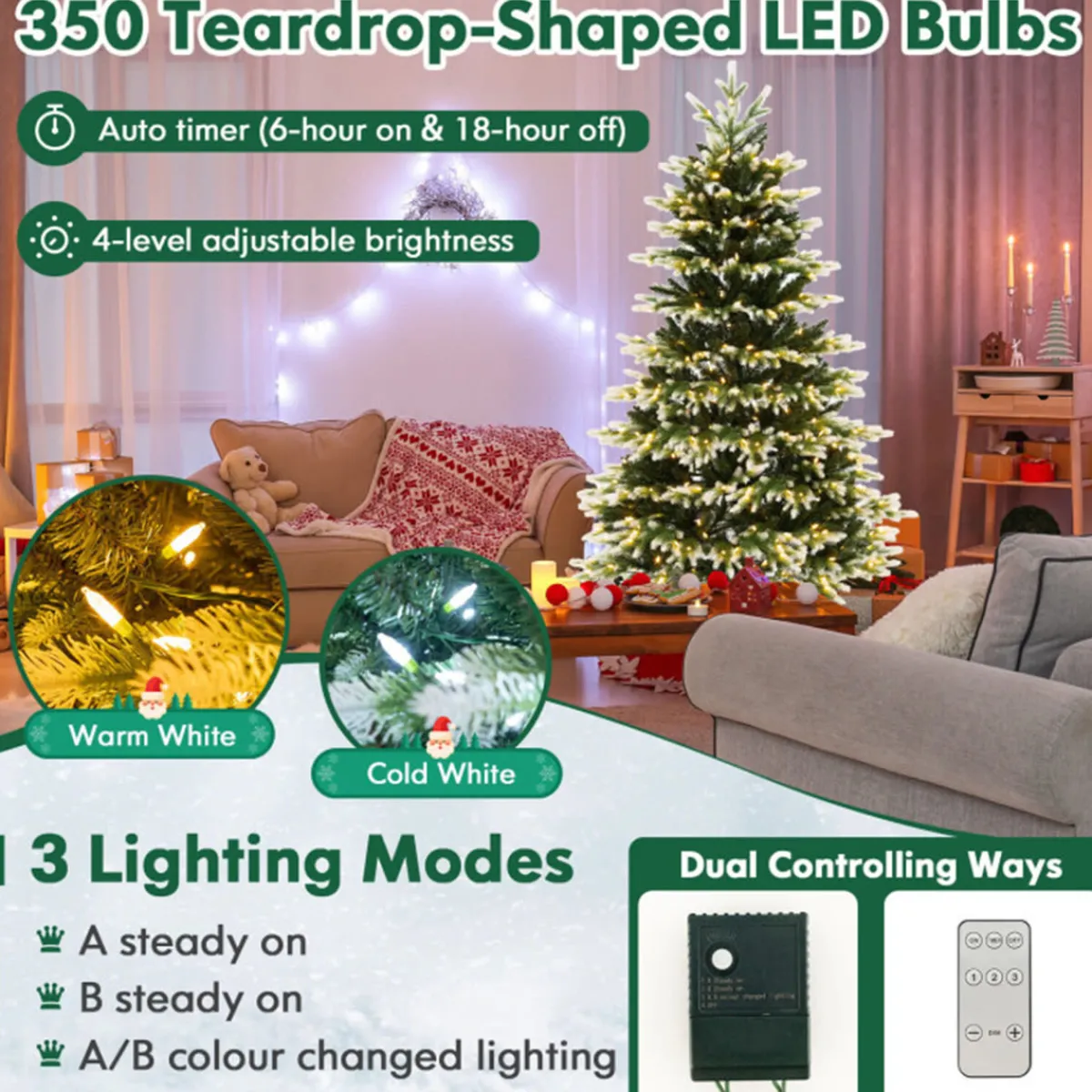 Village Lighting Company Snowy Tipped Pre-Lit Hinged Christmas Tree with Remote Control