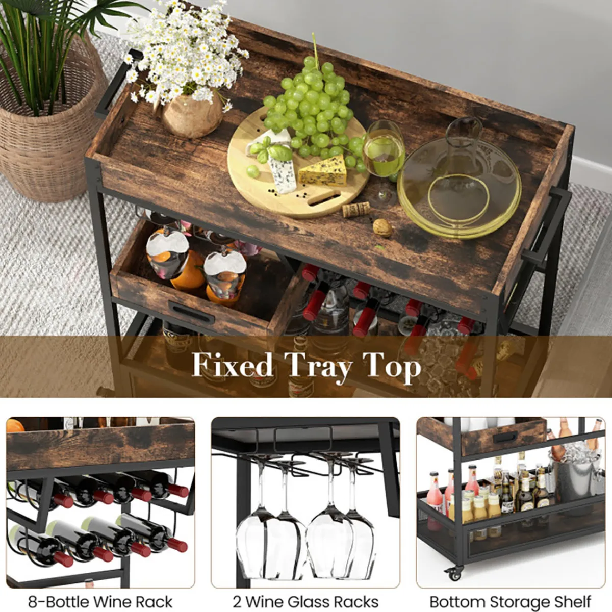 Sharper Image 3-Tier Industrial Buffet Serving Cart with Wine Rack