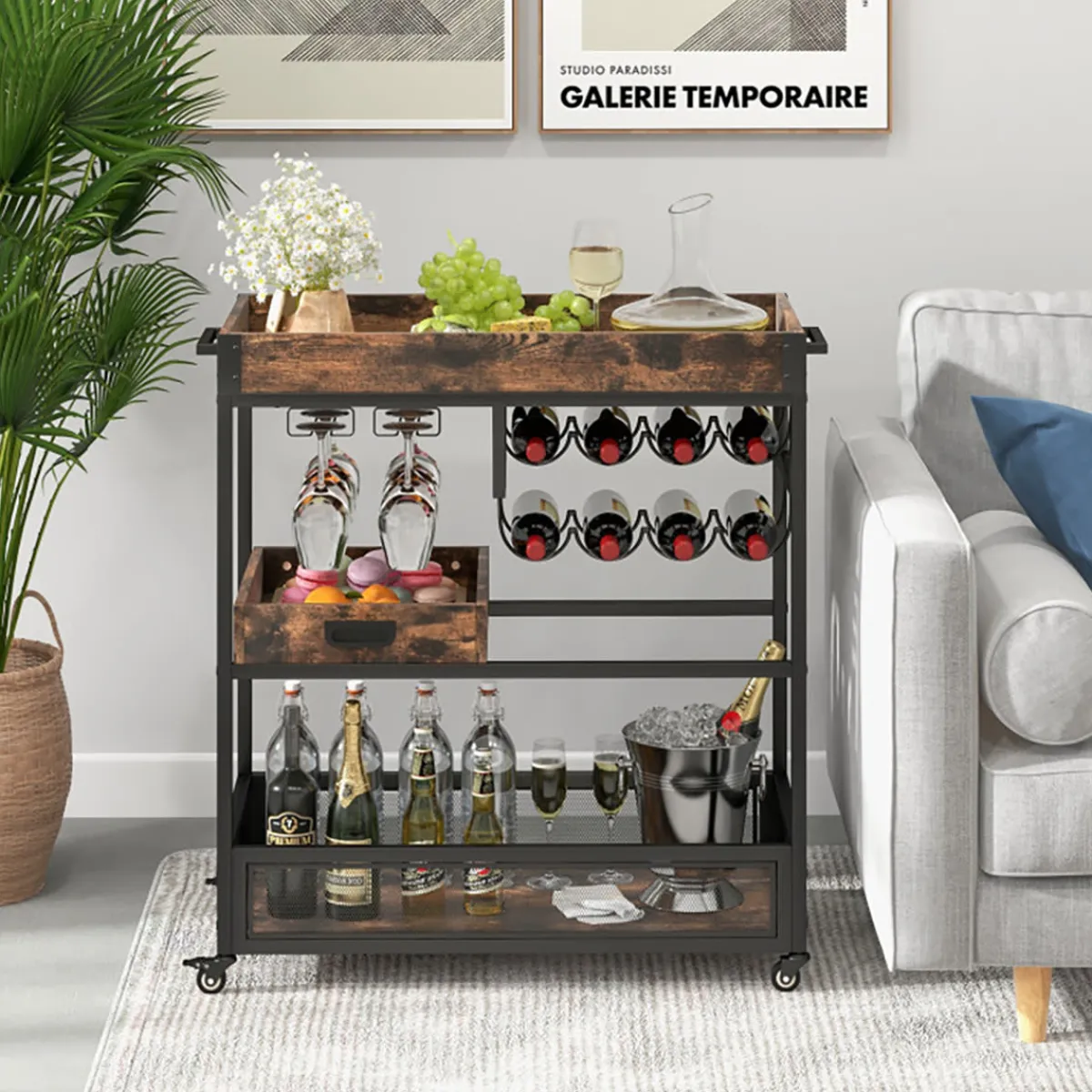 Sharper Image 3-Tier Industrial Buffet Serving Cart with Wine Rack
