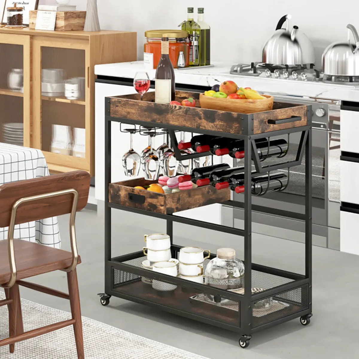 Sharper Image 3-Tier Industrial Buffet Serving Cart with Wine Rack
