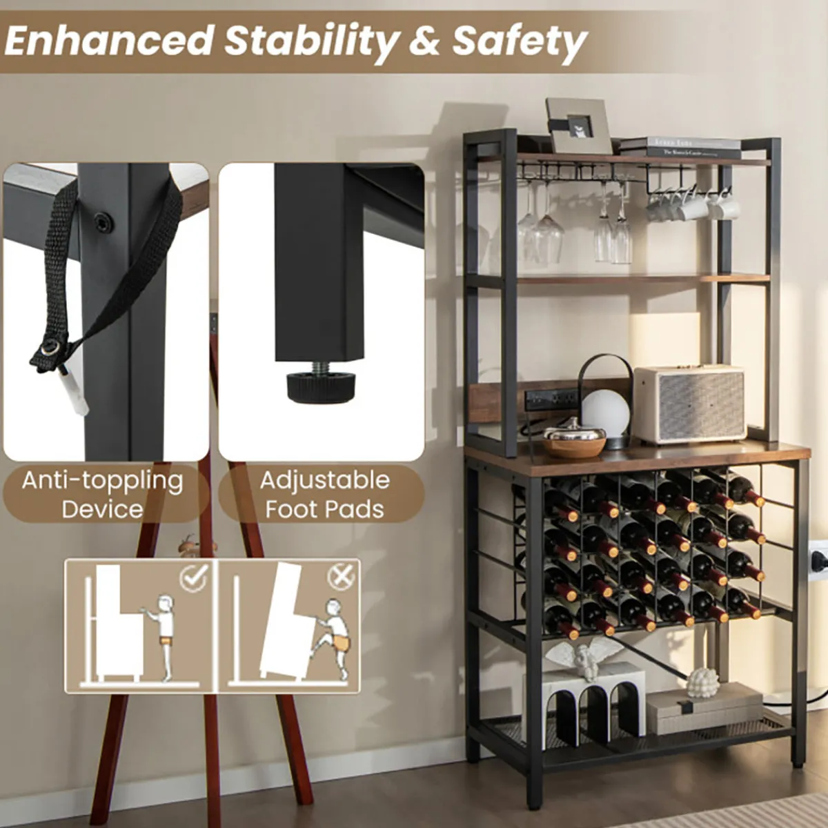 GoPlus (Costway) Wine Bar Cabinet with 4 Tier Storage Shelves and Glass Holders