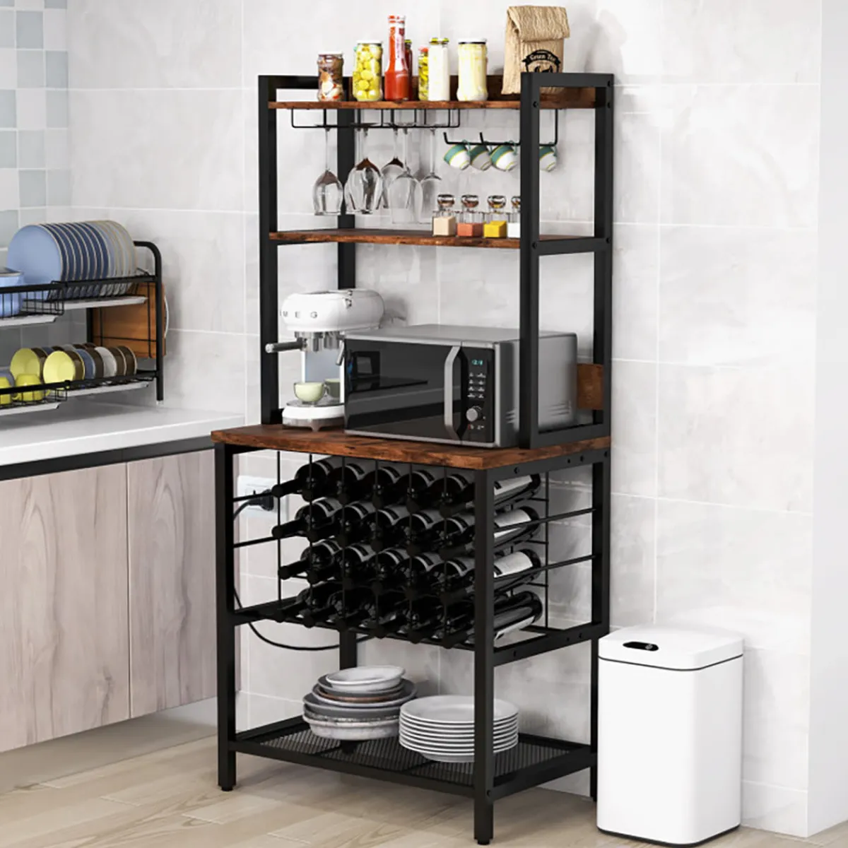 GoPlus (Costway) Wine Bar Cabinet with 4 Tier Storage Shelves and Glass Holders