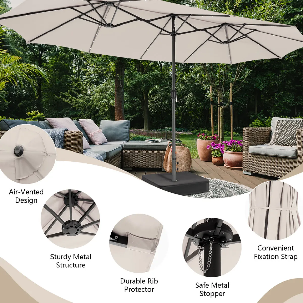 GoPlus (Costway) 15' Double-Sided Patio Umbrella with Solar Powered LED Lights