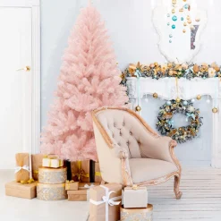 Village Lighting Company 6' Pink Pre-Lit Artificial Hinged Fur Christmas Tree