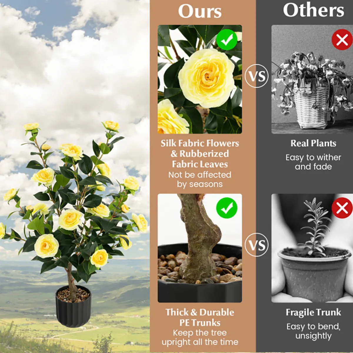 GoPlus (Costway) 38'' Artificial Camellia Flower Trees with Cement Pot (Set of 2)