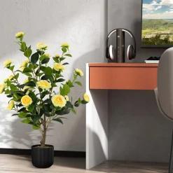 GoPlus (Costway) 38'' Artificial Camellia Flower Trees with Cement Pot (Set of 2)