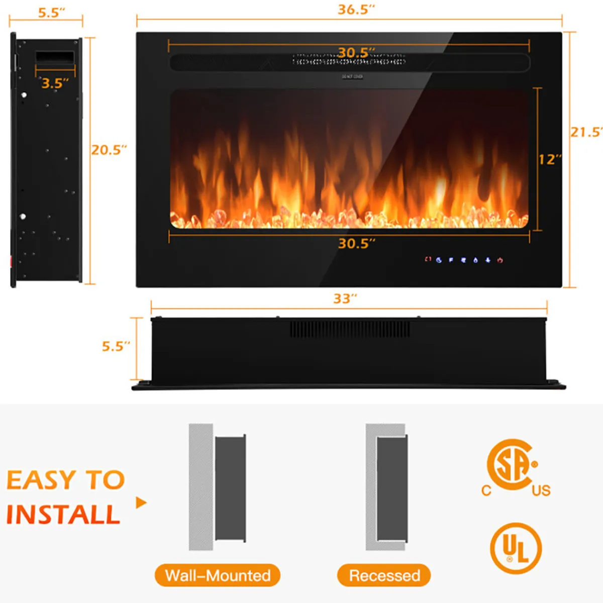 GoPlus (Costway) 36'' Recessed/Wall-Mounted Electric Fireplace